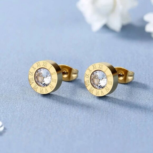 Stainless Steel Gold Round CZ Rhinestone Roman Numerals Men Women NWT - Picture 1 of 3